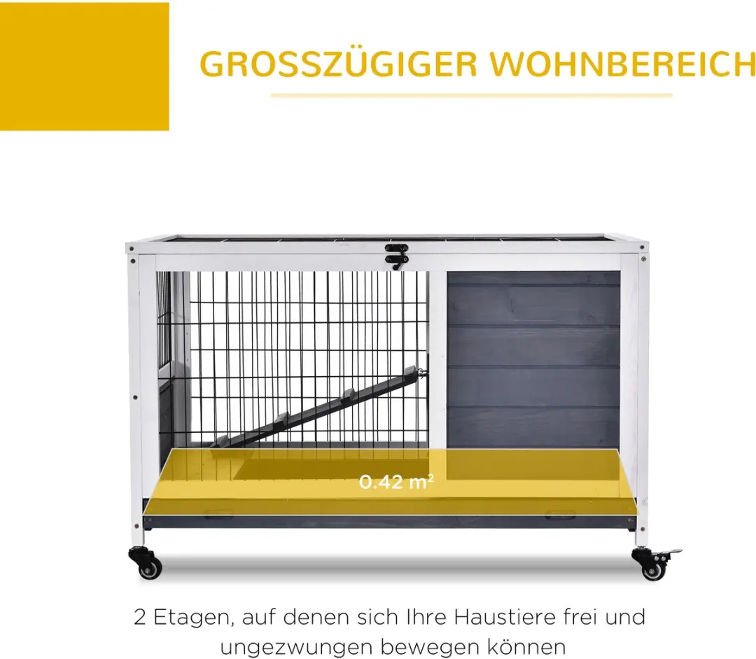 Pawhut Meerschweinchenstall 90x53x59cm - 2 verdiepingen - Donkergrijs/Wit
