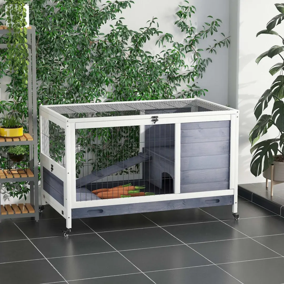 Pawhut Meerschweinchenstall 90x53x59cm - 2 verdiepingen - Donkergrijs/Wit