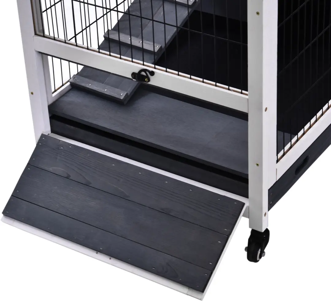 Pawhut Meerschweinchenstall 90x53x59cm - 2 verdiepingen - Donkergrijs/Wit