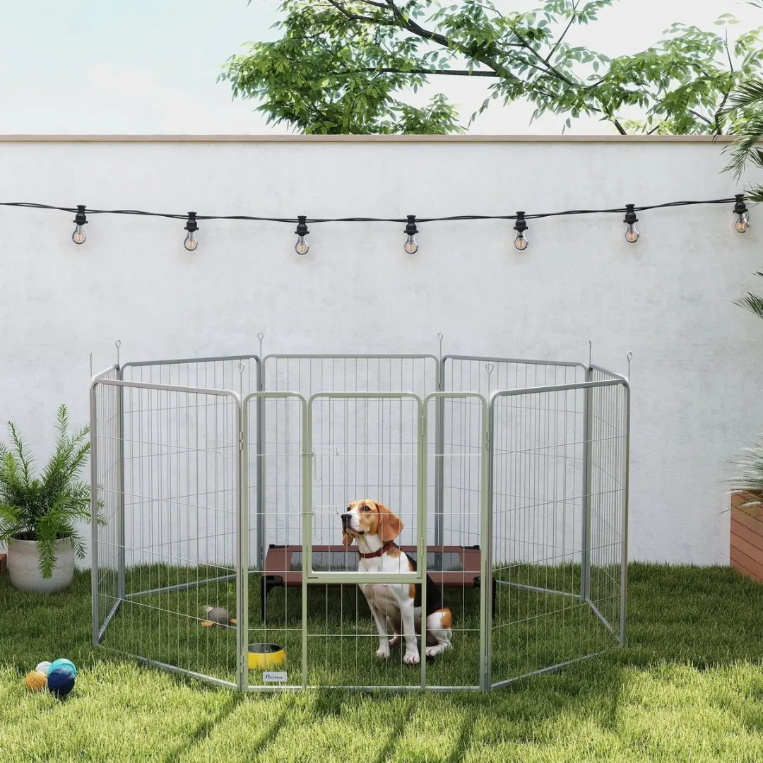 Pawhut Welpenuitloop 100cm - 8-delig - Hondenloopstall - Zilver