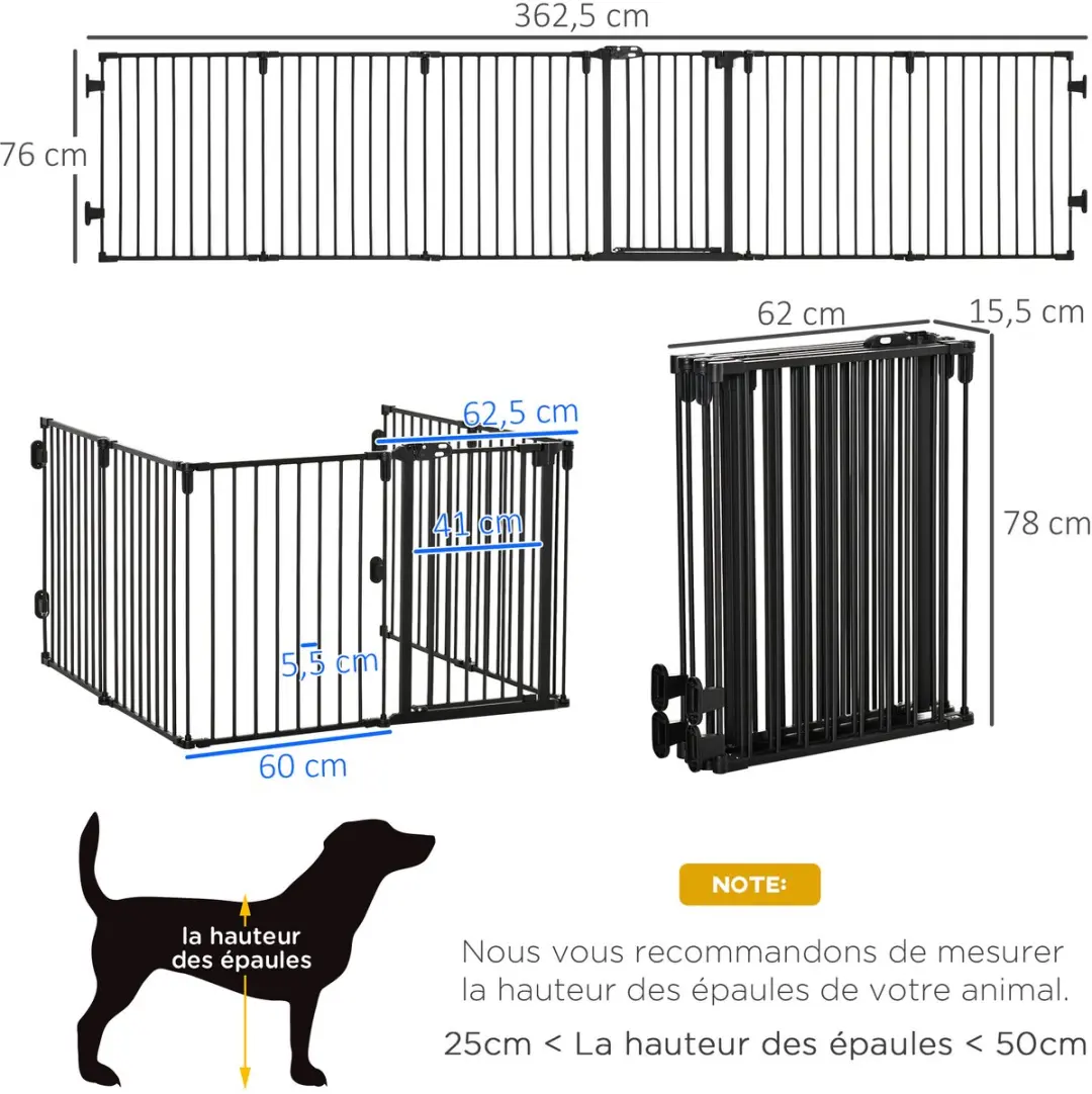 Pawhut Huisdierenspeelpen Staal 362,5x2x76cm - Zwart