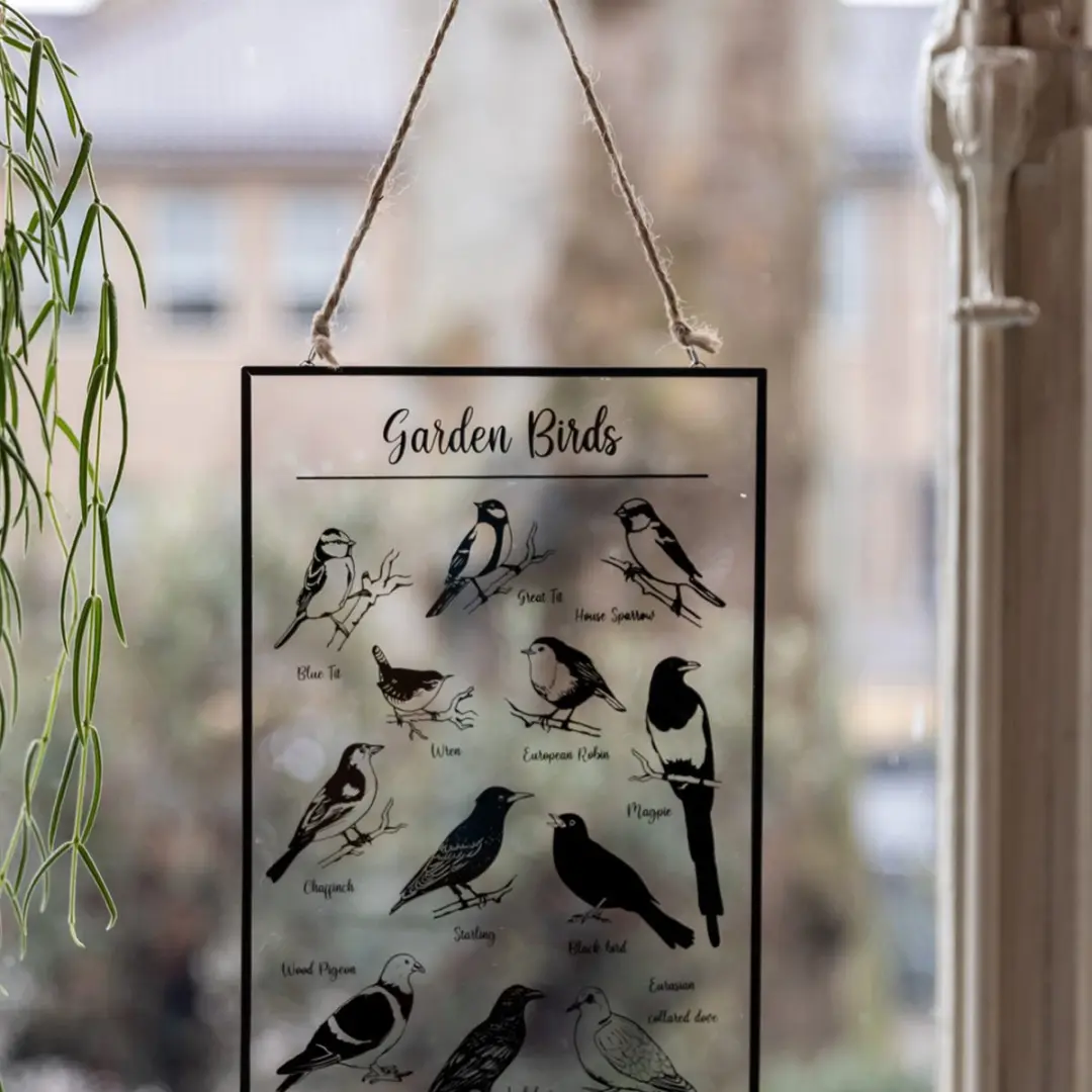 Esschert Design Glazen Prent Tuinvogels 20x30cm - Zwart-wit