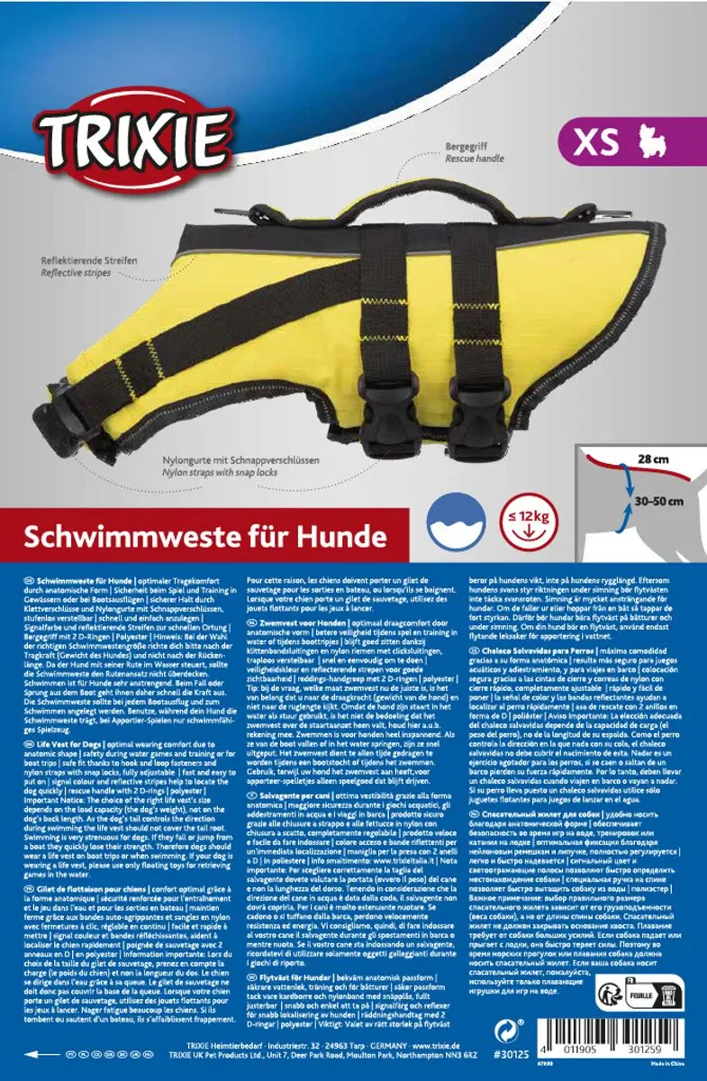 Trixie Zwemvest Hond XS - Geel/Zwart - 30-50 x 28 cm