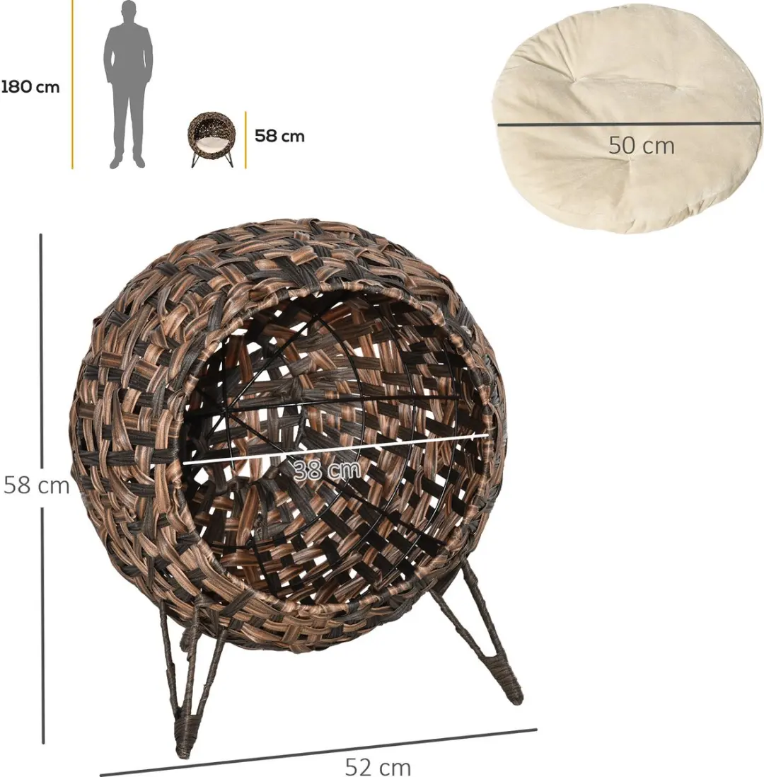 Pawhut Rattan Kattenhuis Ø52x58cm - Bruin