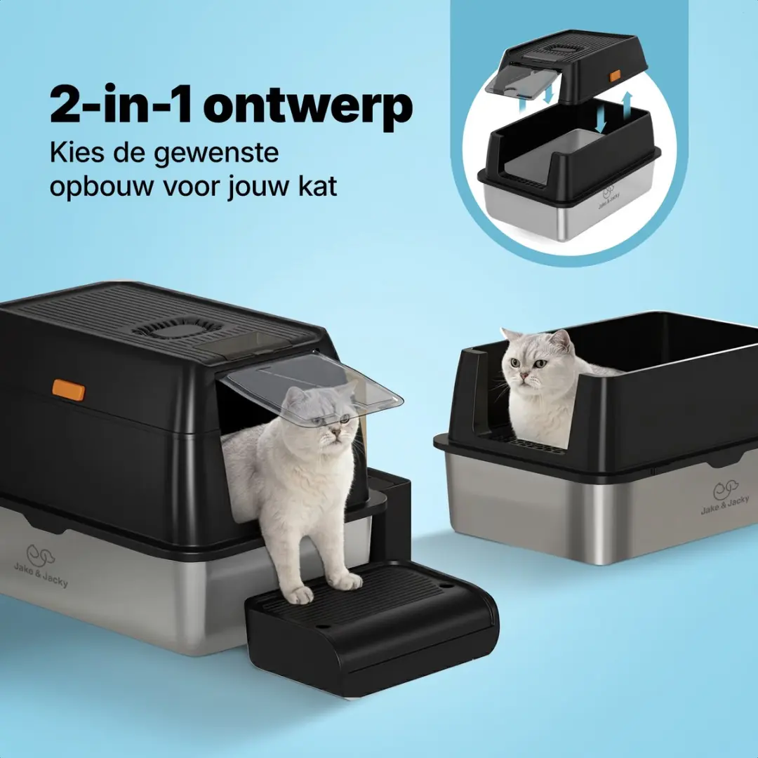 Jake and Jacky RVS Kattenbak 2-in-1 Zwart - 60x40x38cm