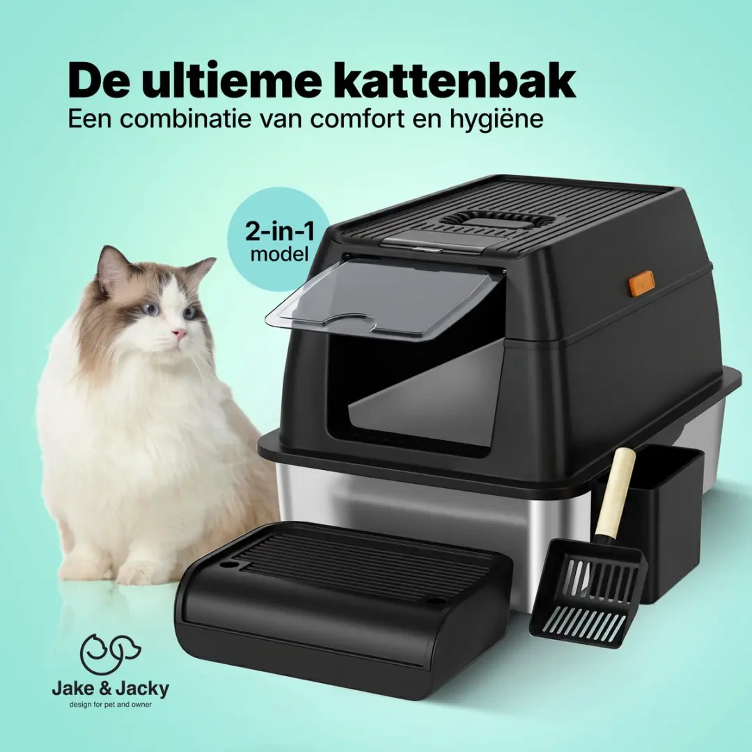 Jake and Jacky RVS Kattenbak 2-in-1 Zwart - 60x40x38cm