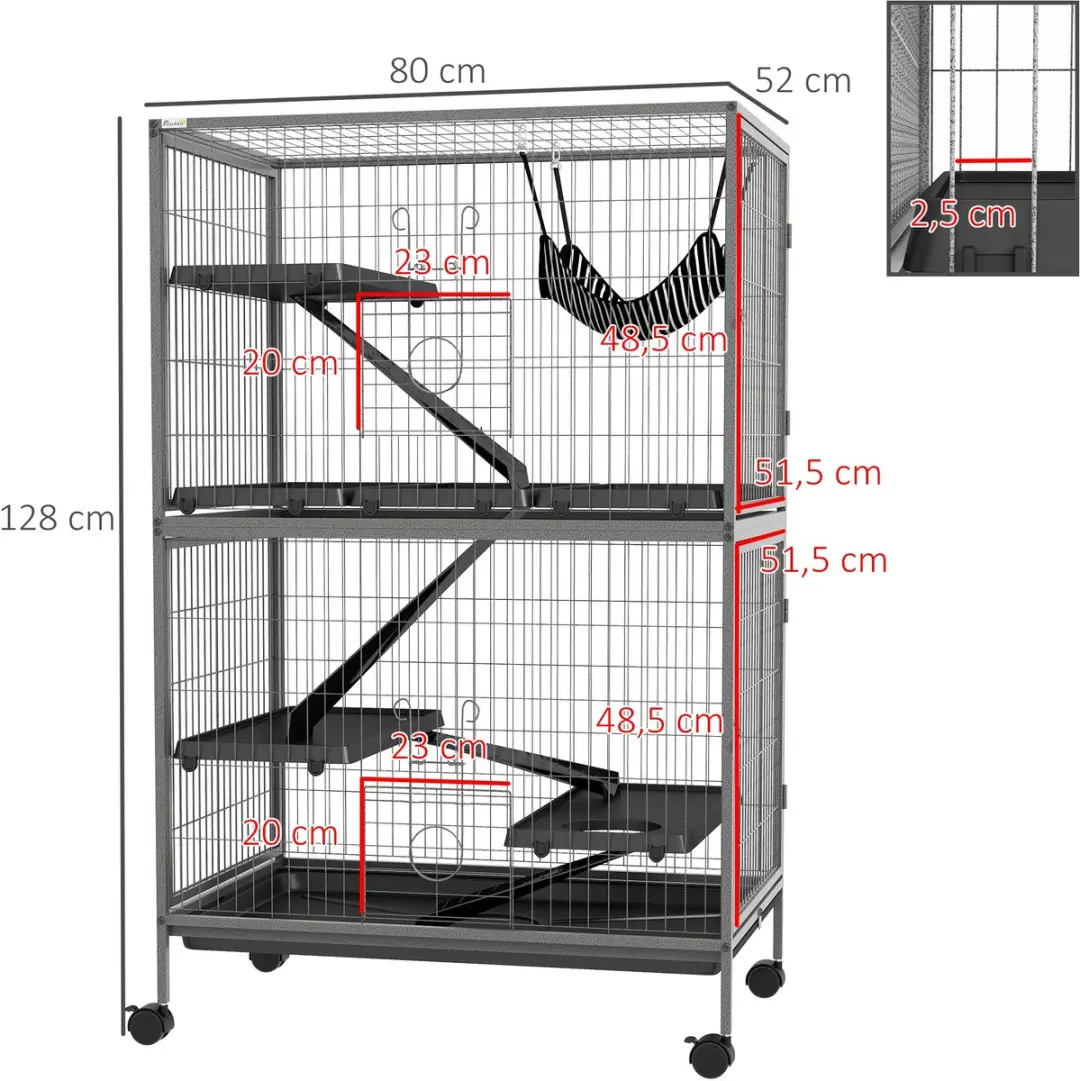 Pawhut Kooi voor Kleine Dieren 80x52x128cm - Grijs