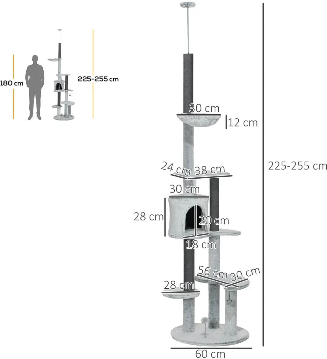 Pawhut Kratzbaum Deckenhoch 225-255cm Kattenboom - 5 Niveaus - 5 Ligplekken - Grijs
