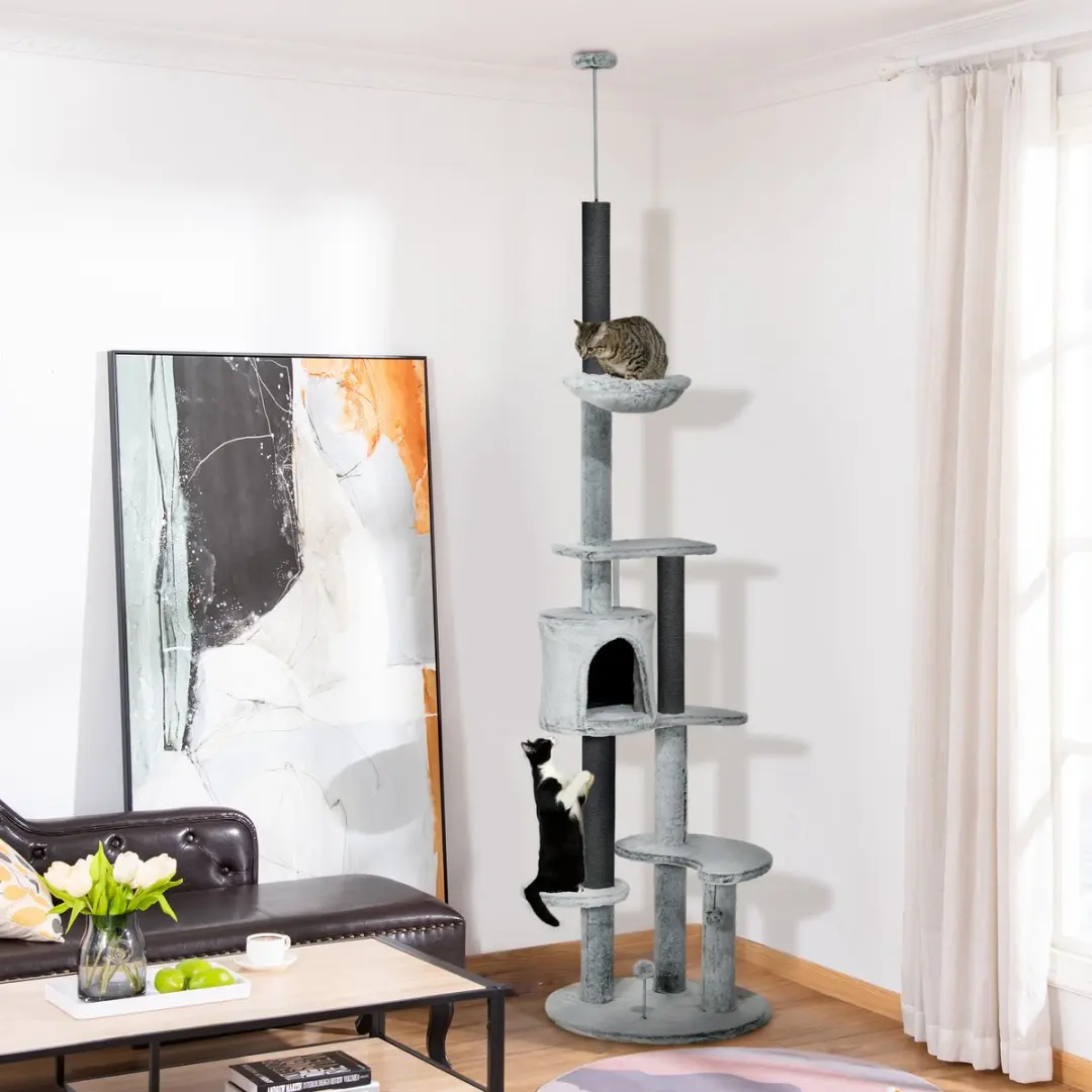 Pawhut Kratzbaum Deckenhoch 225-255cm Kattenboom - 5 Niveaus - 5 Ligplekken - Grijs