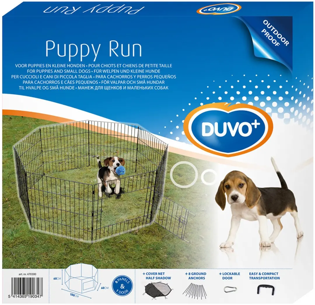Puppyren met deur & net & haken Zwart 60x60CM 8-DELIG