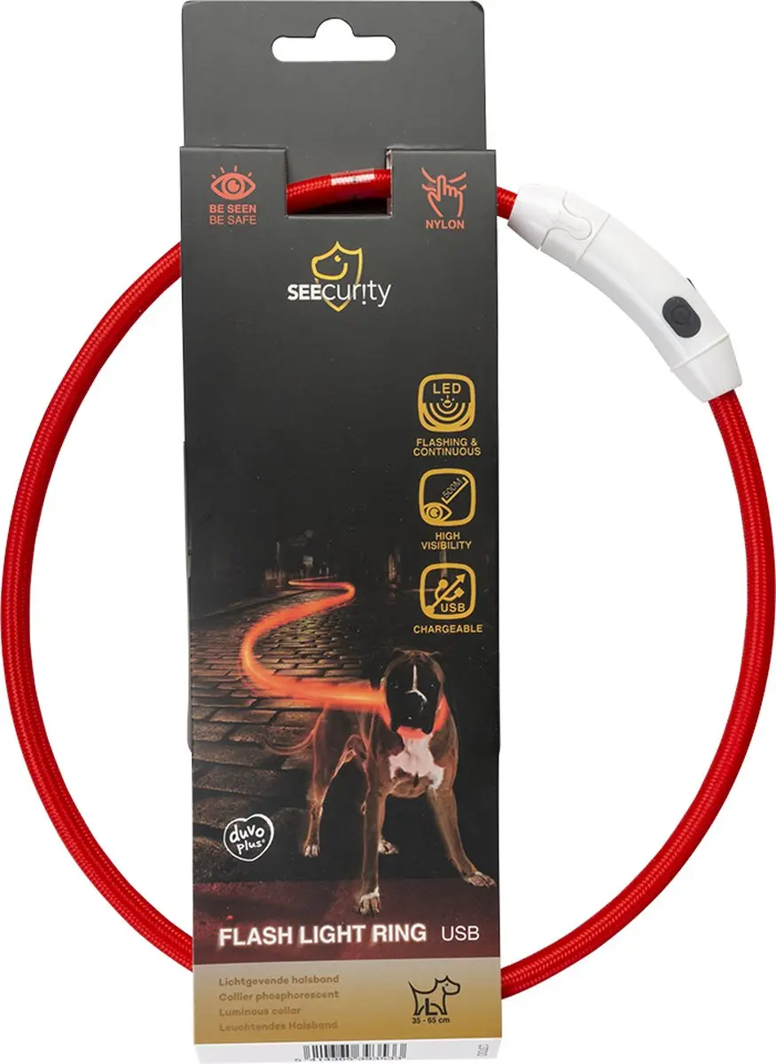 Duvo Dierenkleding Flash Light Ring USB Nylon - Rood
