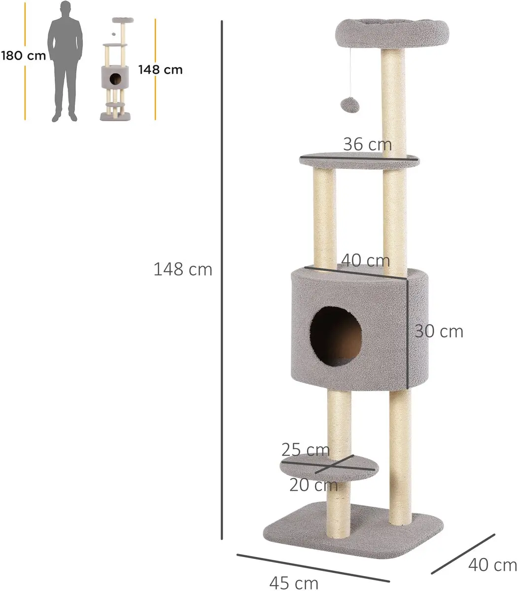 Pawhut Kattenkrabpaal Hout 45x40x148cm Grijs