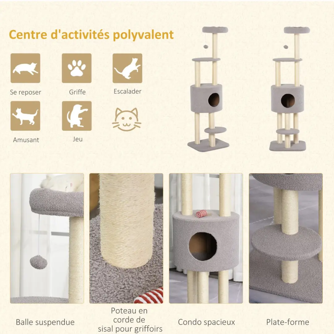 Pawhut Kattenkrabpaal Hout 45x40x148cm Grijs