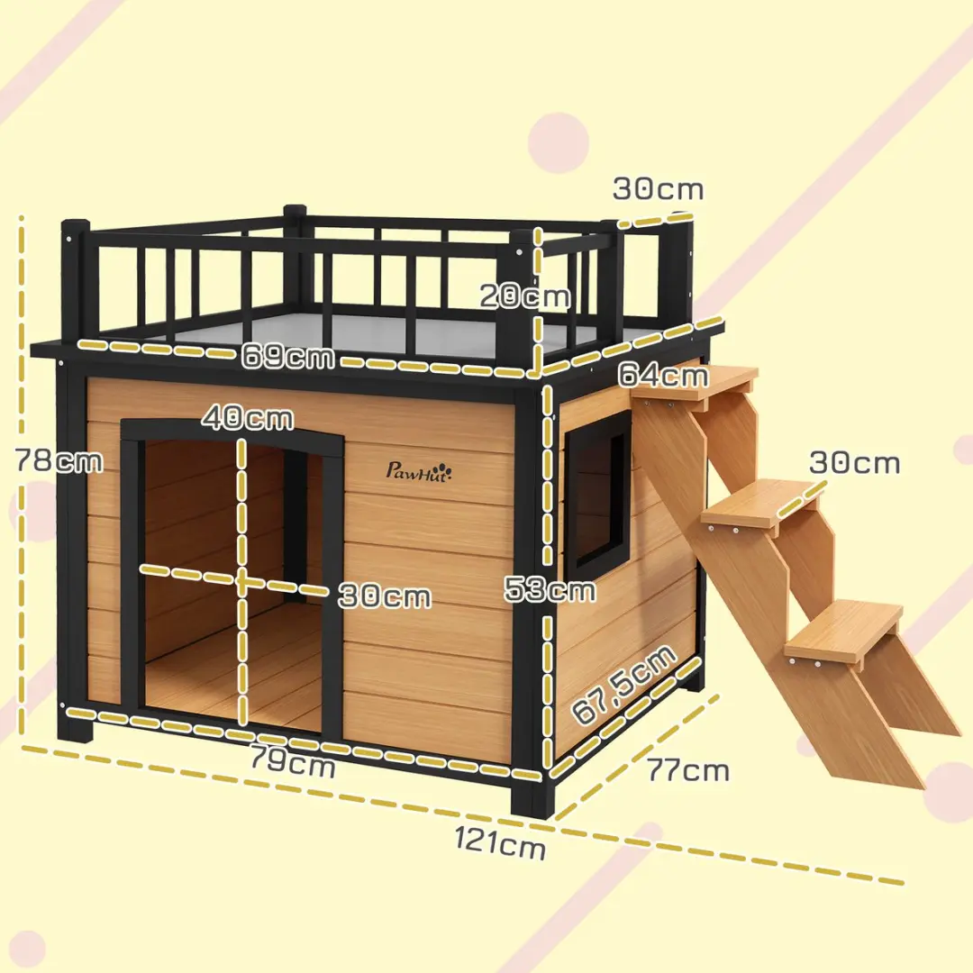 Pawhut Hundehuis met Balkon - Tannenhout - Geel - 121x77x78cm - afbeelding 6 van 6