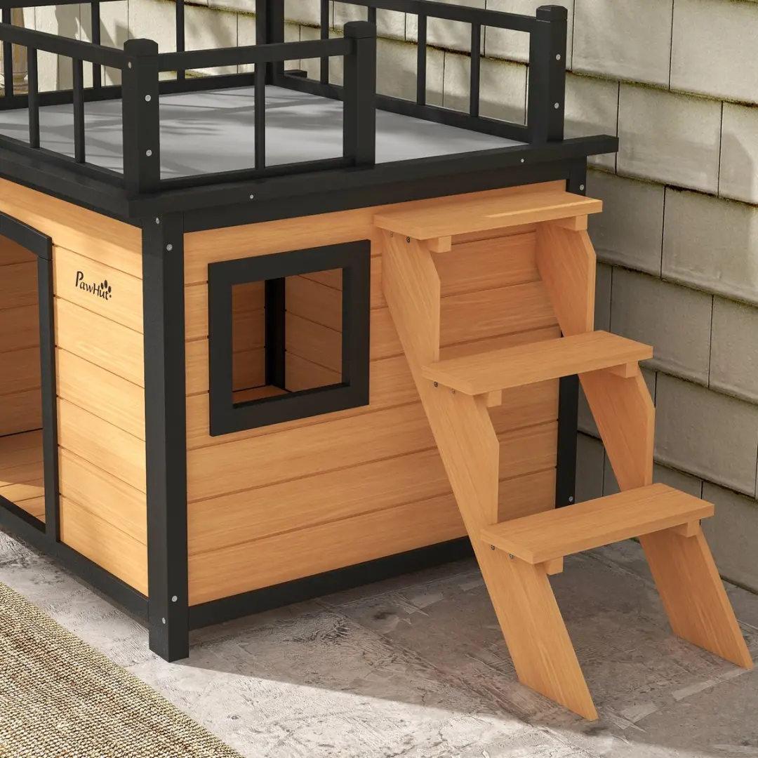 Pawhut Hundehuis met Balkon - Tannenhout - Geel - 121x77x78cm