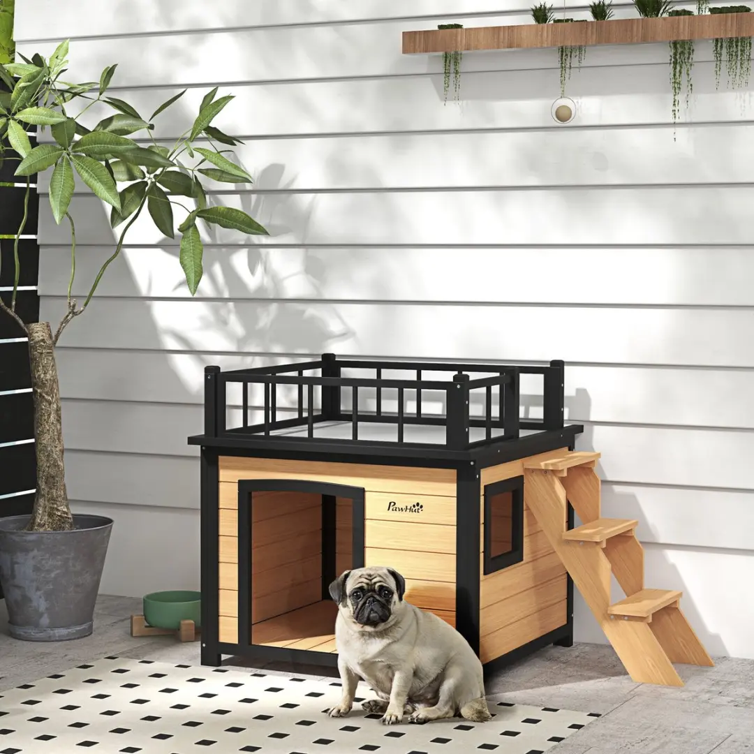 Pawhut Hundehuis met Balkon - Tannenhout - Geel - 121x77x78cm