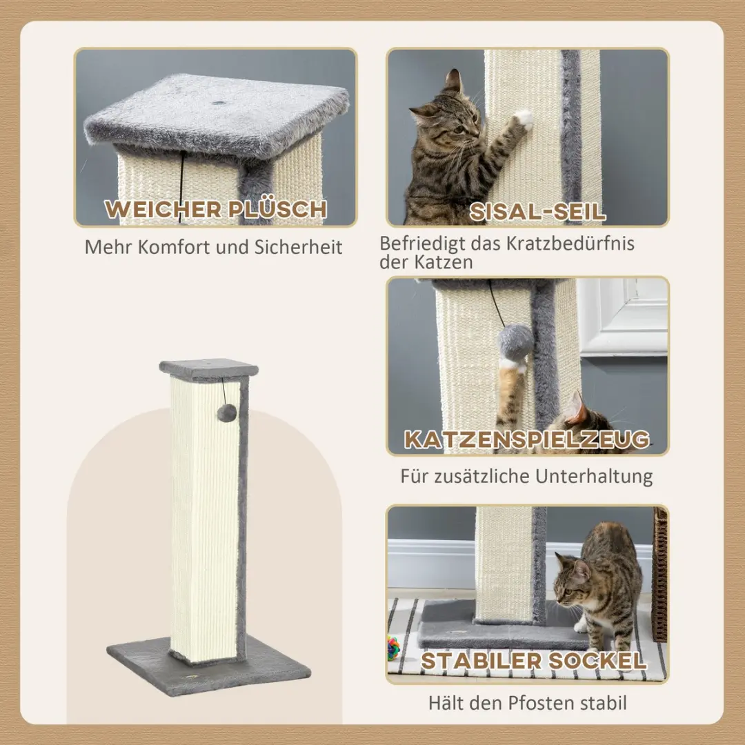 Pawhut Kratzstamm 81cm Kattenkrabpaal - 14,5cm Ø - Grijs/Crème