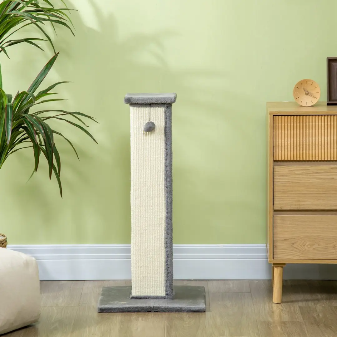 Pawhut Kratzstamm 81cm Kattenkrabpaal - 14,5cm Ø - Grijs/Crème