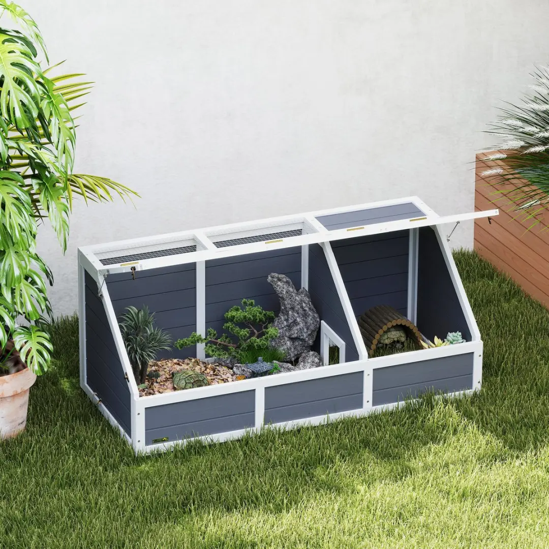 Pawhut Schildpaddenhuis Vurenhout 120x55x50cm - Lichtgrijs