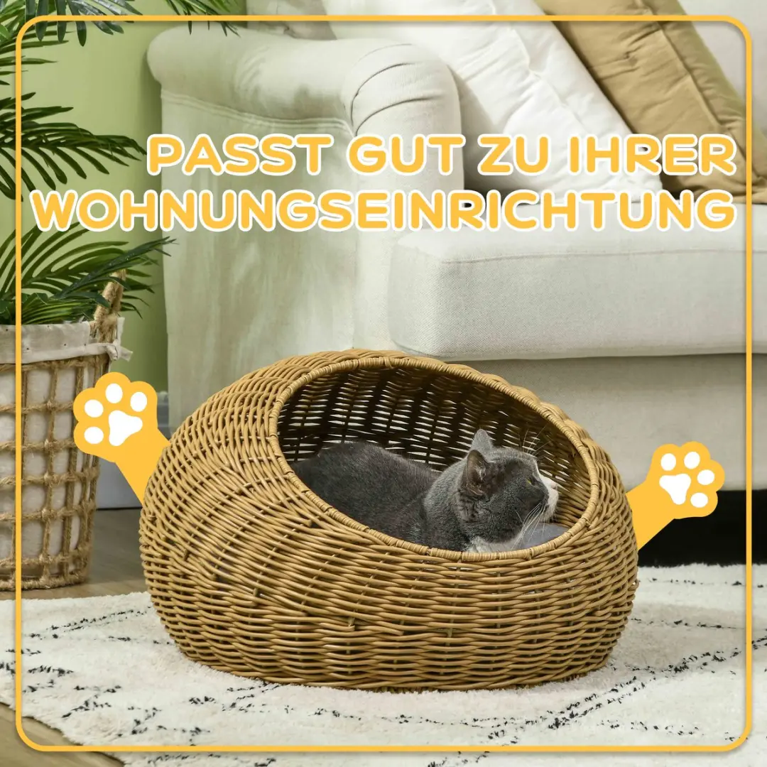 Pawhut Rattan Kattenhuis Ø50x31cm - PE-Rattan - Hellbraun
