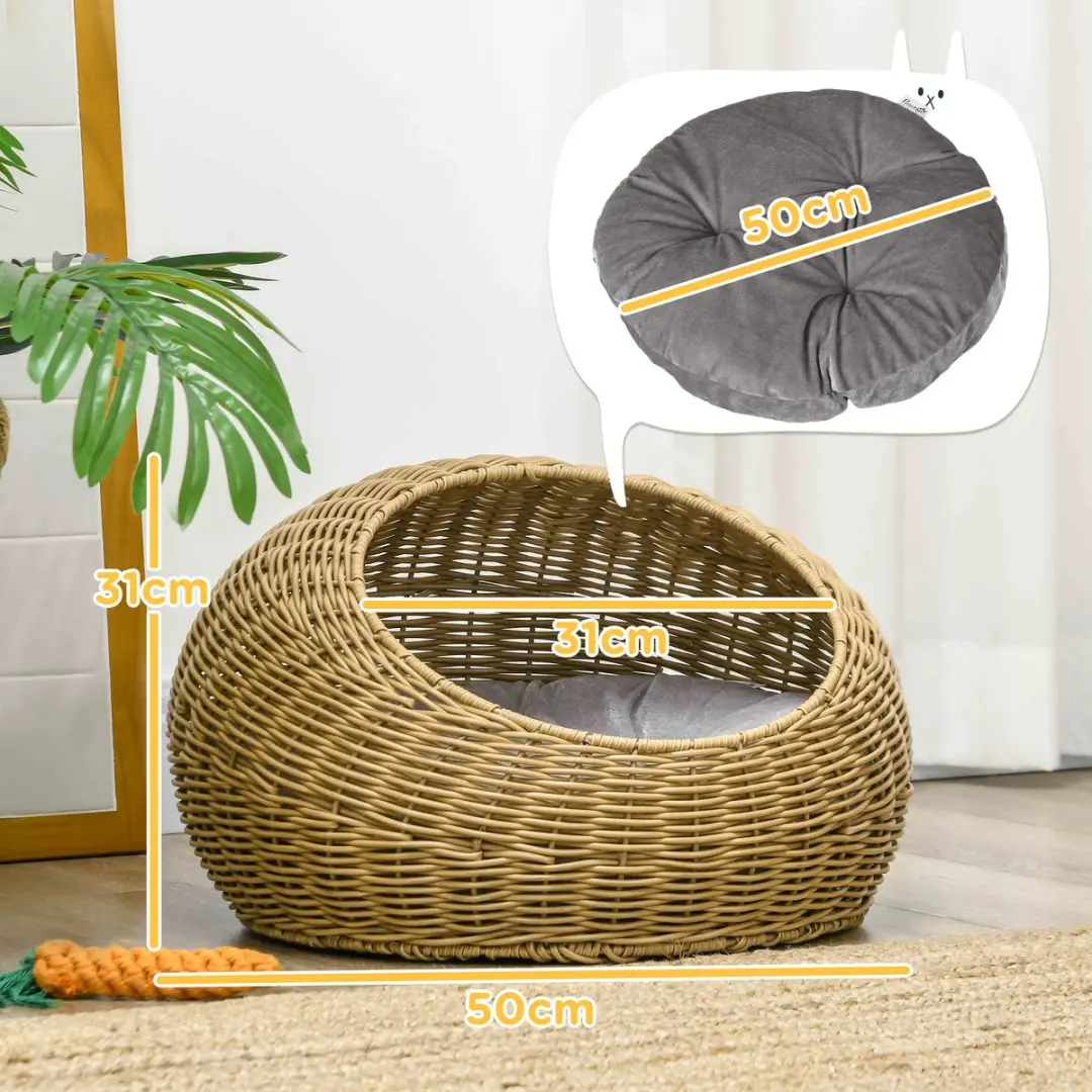 Pawhut Rattan Kattenhuis Ø50x31cm - PE-Rattan - Hellbraun