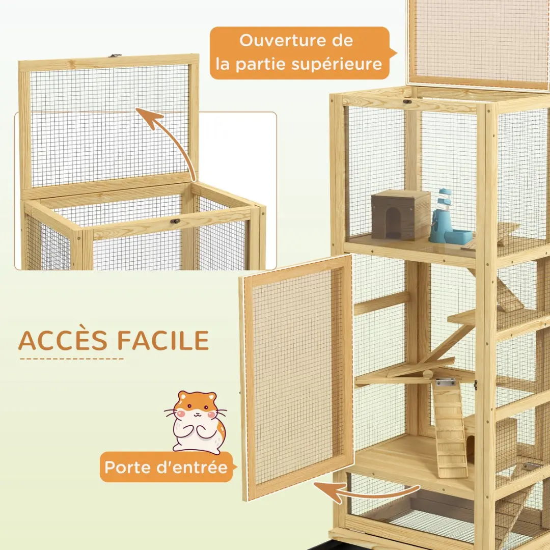 Pawhut Hamsterkooi Vurenhout 54x38x131cm - Natuurlijk