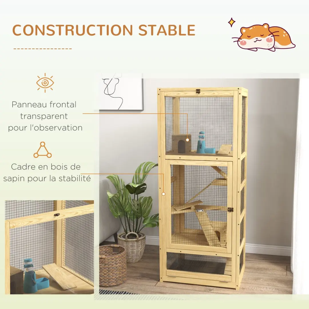Pawhut Hamsterkooi Vurenhout 54x38x131cm - Natuurlijk