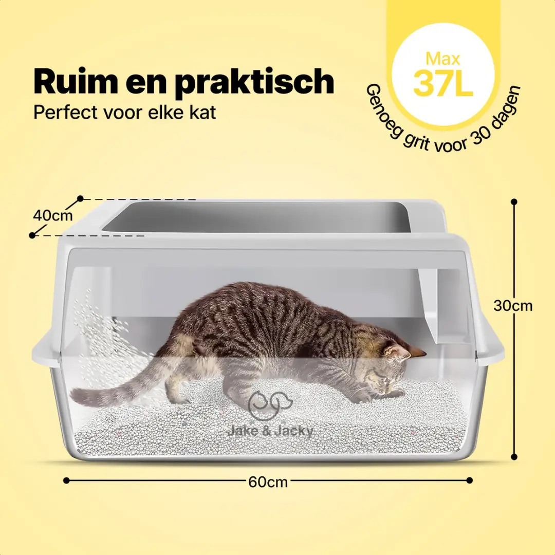 Jake and Jacky RVS Kattenbak 60x40cm - Grijs - 37L