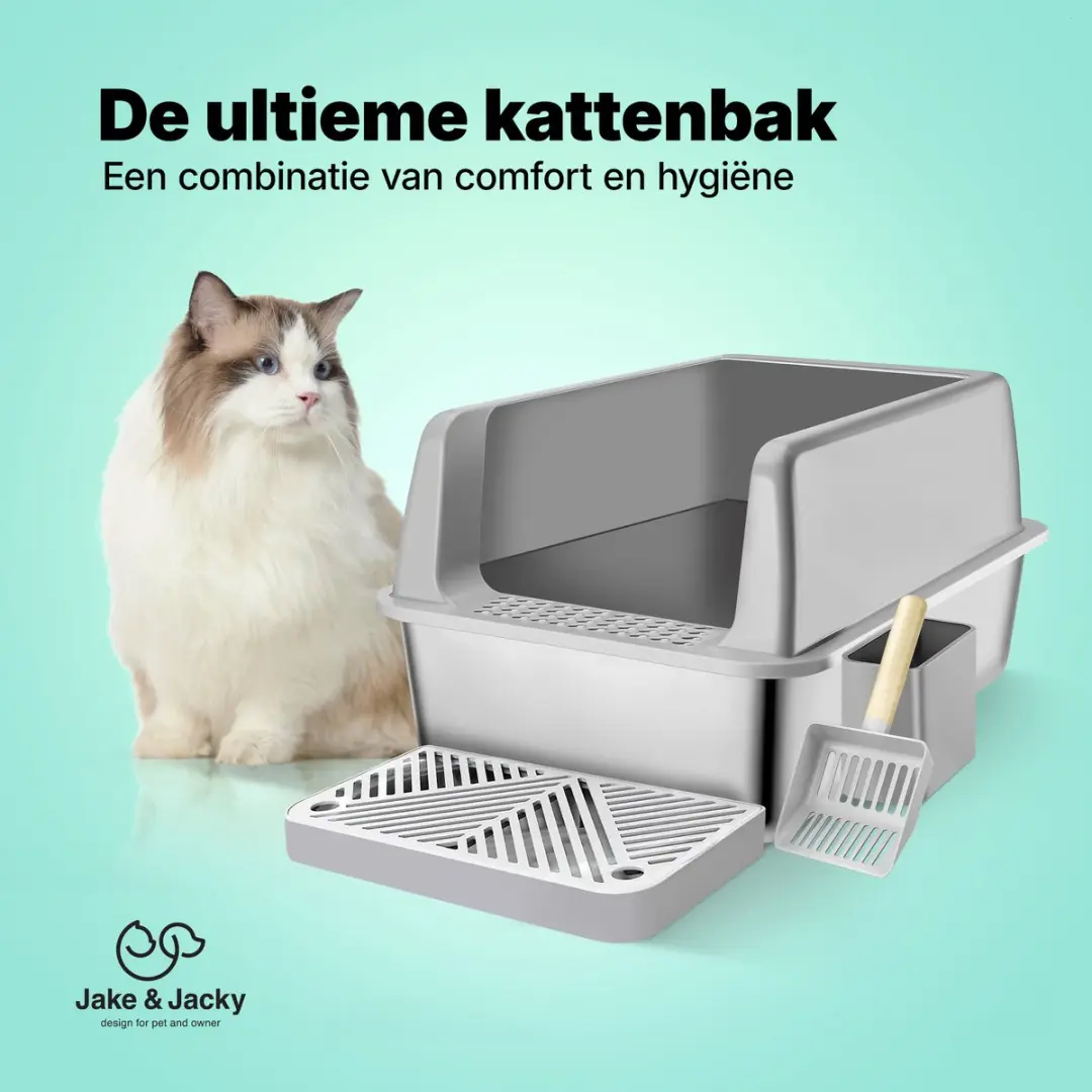 Jake and Jacky RVS Kattenbak 60x40cm - Grijs - 37L