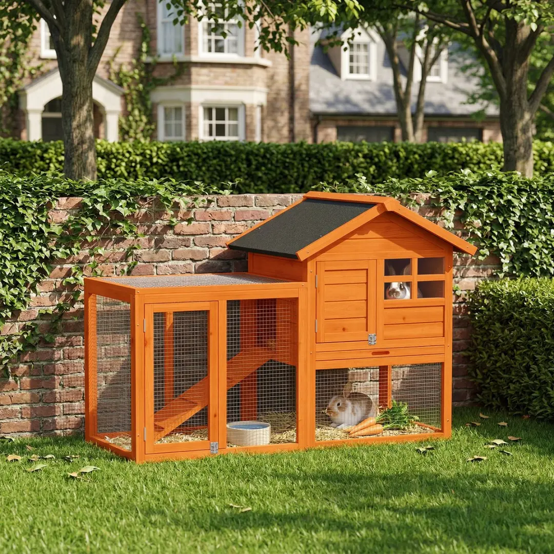 Pawhut Konijnenhok Oranje - 2-Verdiepingen 123,5x62,6x92,5cm