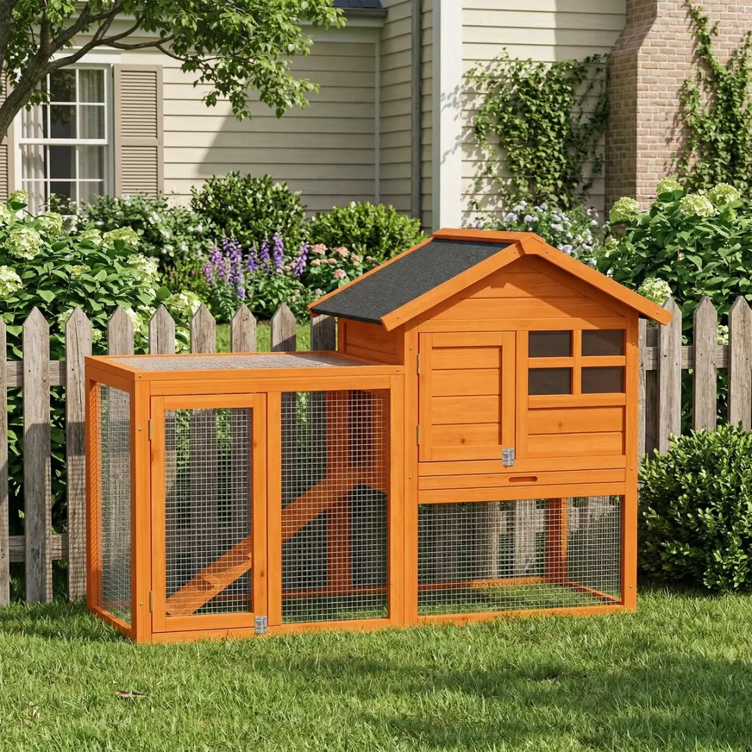 Pawhut Konijnenhok Oranje - 2-Verdiepingen 123,5x62,6x92,5cm