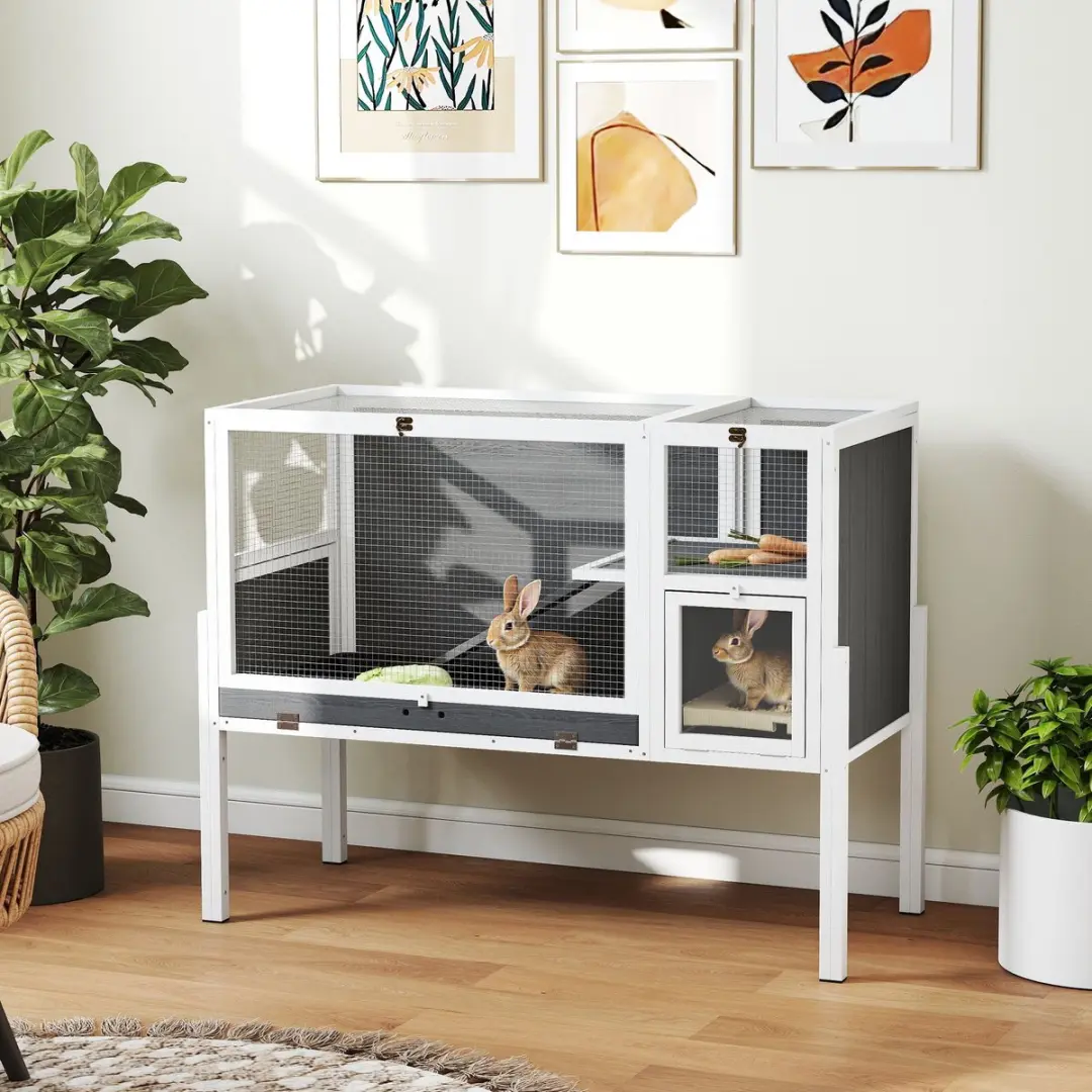 Pawhut Konijnenhok Sparrenhout 120x53x93cm - 2 verdiepingen - Grijs/wit
