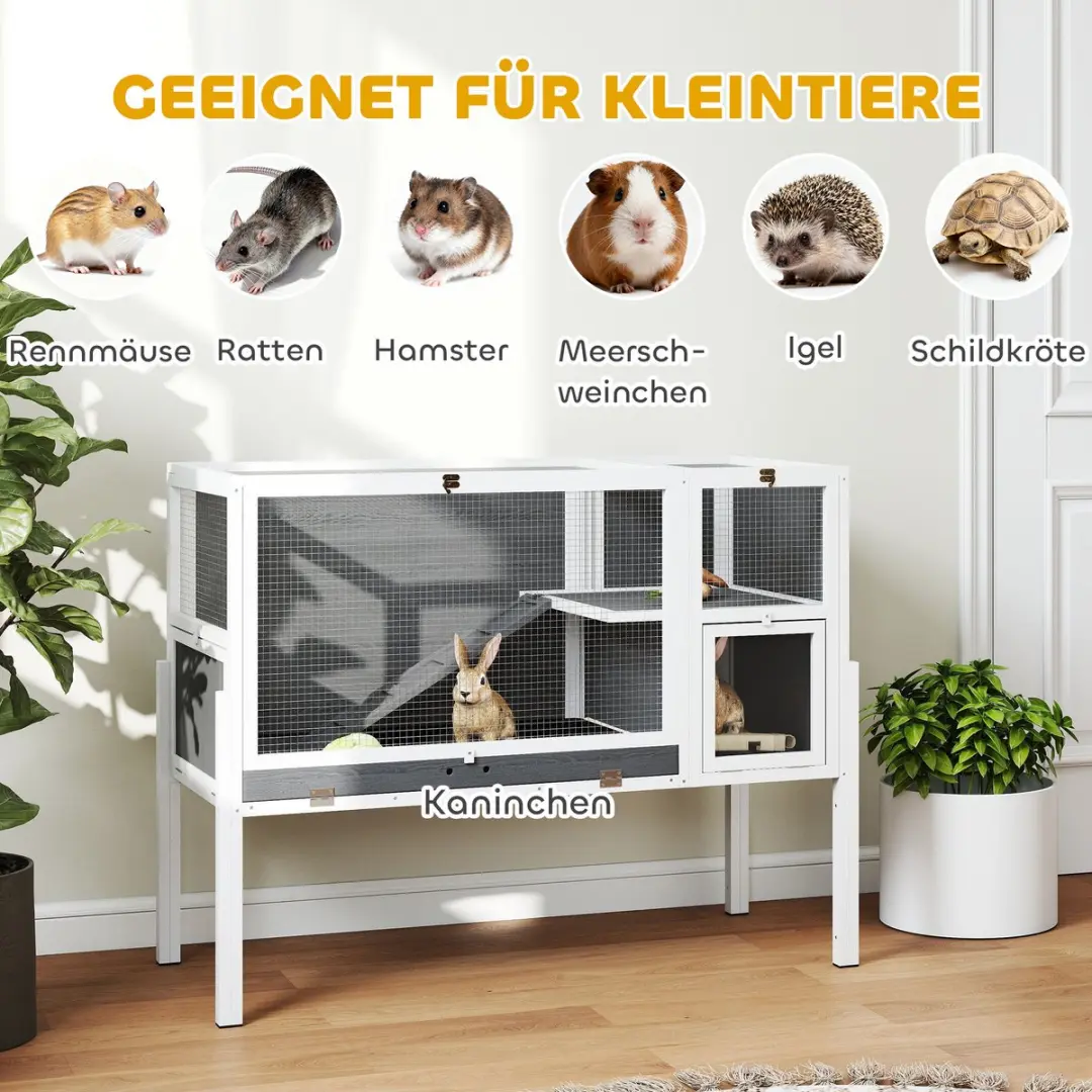 Pawhut Konijnenhok Sparrenhout 120x53x93cm - 2 verdiepingen - Grijs/wit