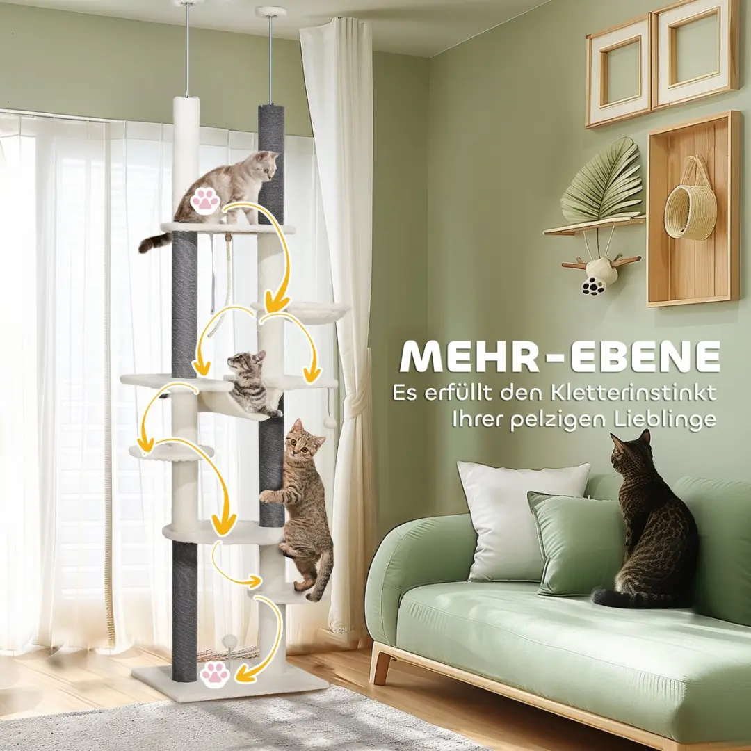 Pawhut Kratzbaum Polyester 60x44x225-255cm - 6 Ligplekken - Wit