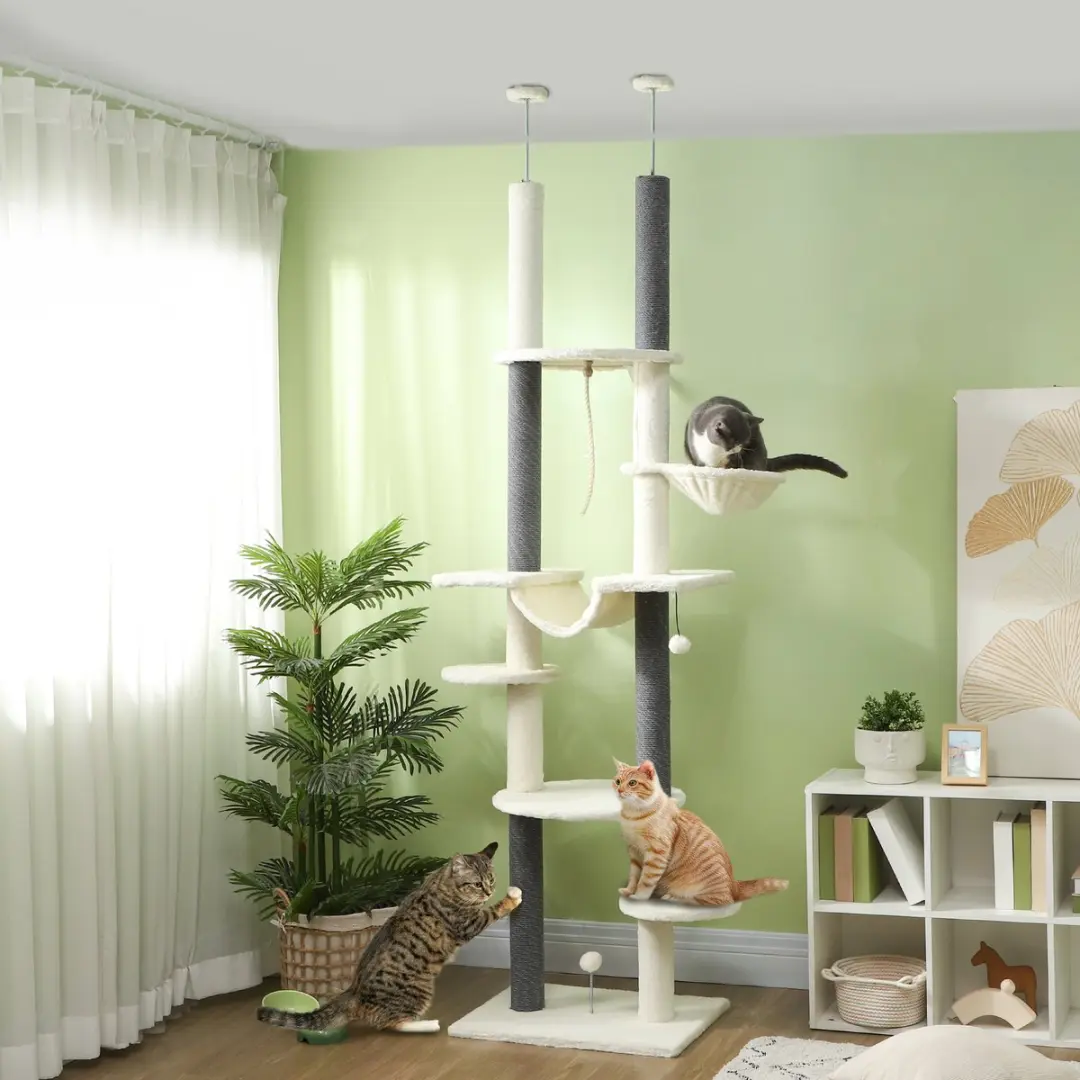 Pawhut Kratzbaum Polyester 60x44x225-255cm - 6 Ligplekken - Wit