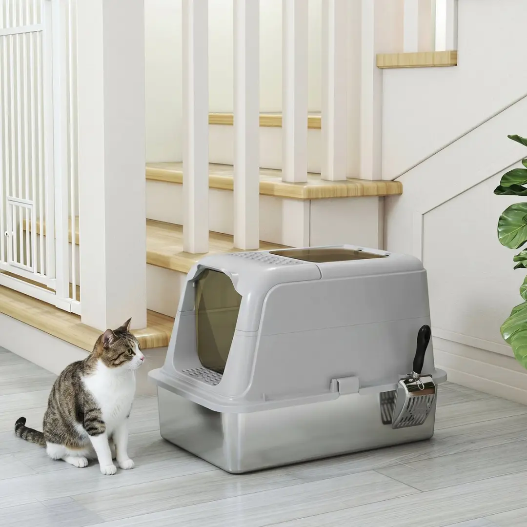 Pawhut Kattenbak met accessoires - 60x40cm - Hellgrijs