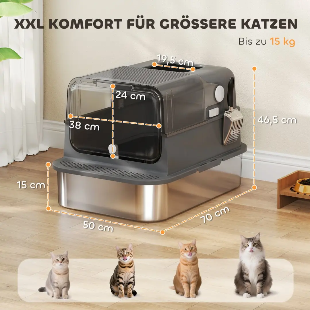 Pawhut Kattenbak RVS 70L - 70x50x46,5cm - Zwart