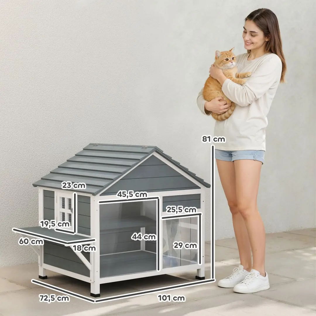 Pawhut Kattenhuis Vurenhout - 101x72,5x81cm Grijs