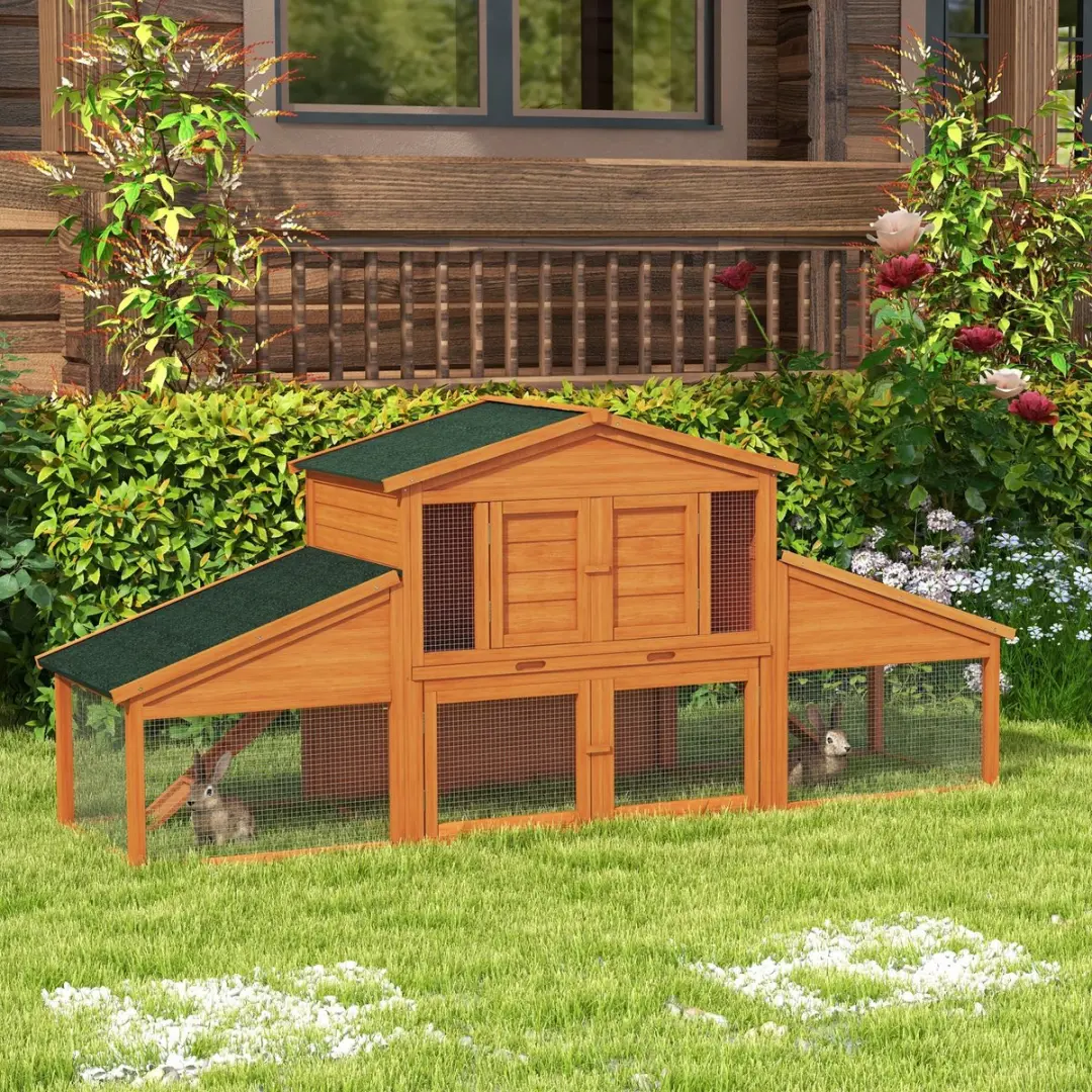 Pawhut Konijnenhok Hout 225x70x100cm - 2 verdiepingen - Oranje