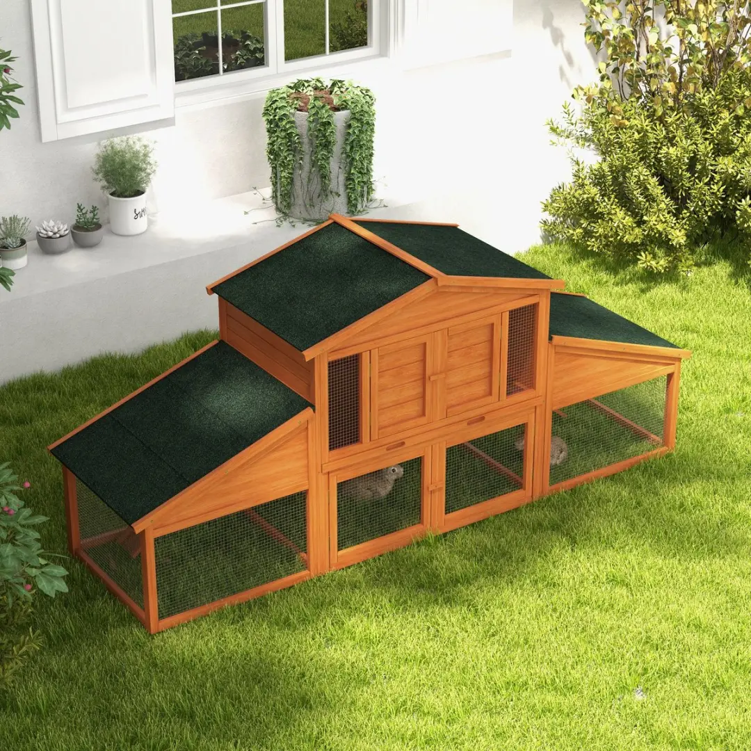 Pawhut Konijnenhok Hout 225x70x100cm - 2 verdiepingen - Oranje