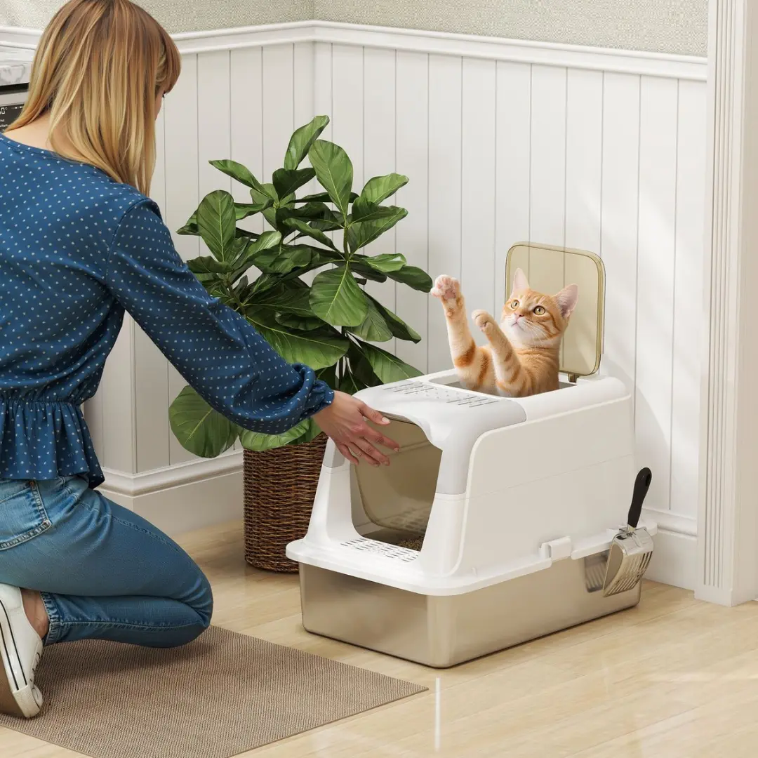 Pawhut Kattenbak Roestvrij Staal/Wit 60x40cm - Inclusief Accessoires