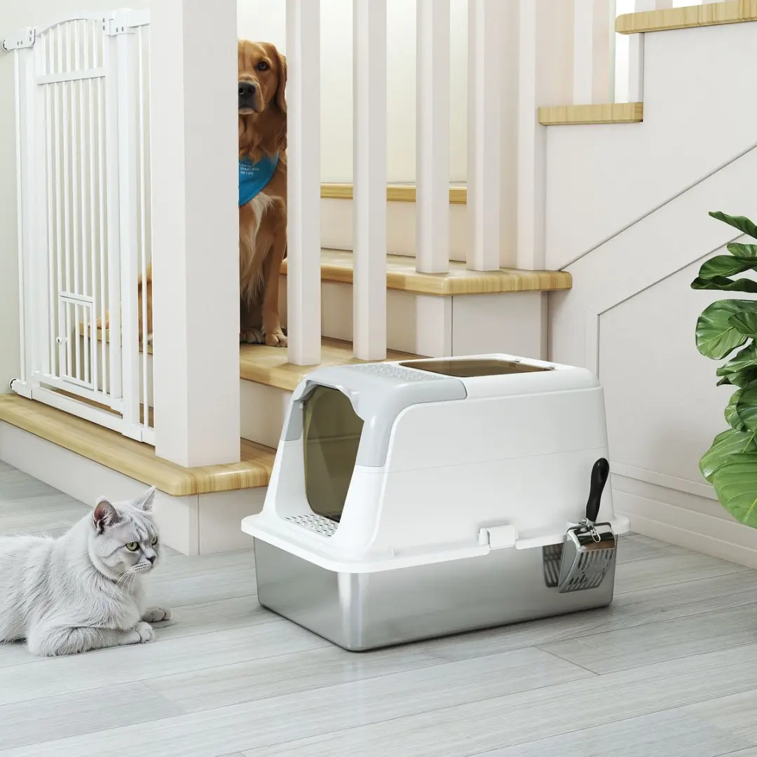 Pawhut Kattenbak Roestvrij Staal/Wit 60x40cm - Inclusief Accessoires