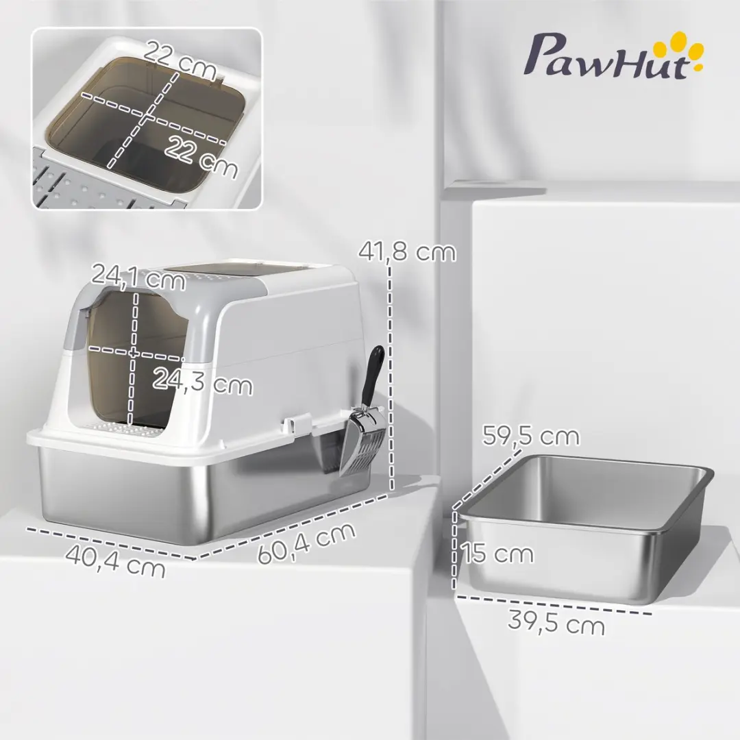 Pawhut Kattenbak Roestvrij Staal/Wit 60x40cm - Inclusief Accessoires