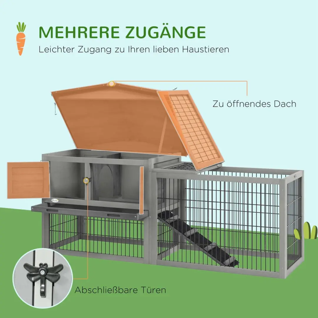 Pawhut Hasenstall 2-Ebenen - 150x52x68cm - Tannenhout - Grau