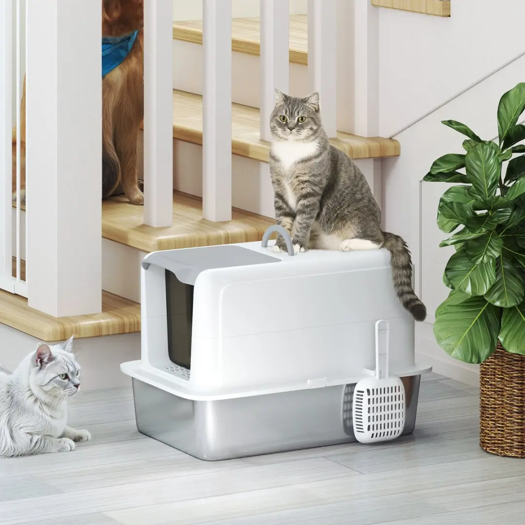 Pawhut Kattenbak met deksel - Edelstalen bak 6 kg - Wit