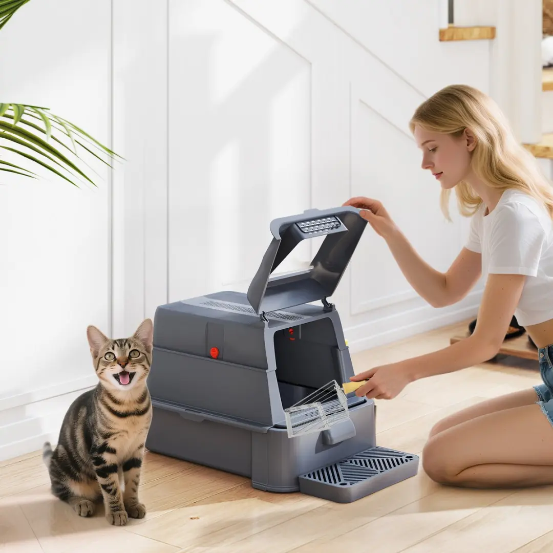 ECTEATOY Roestvrijstalen Kattenbak XL - Donkergrijs - 80L