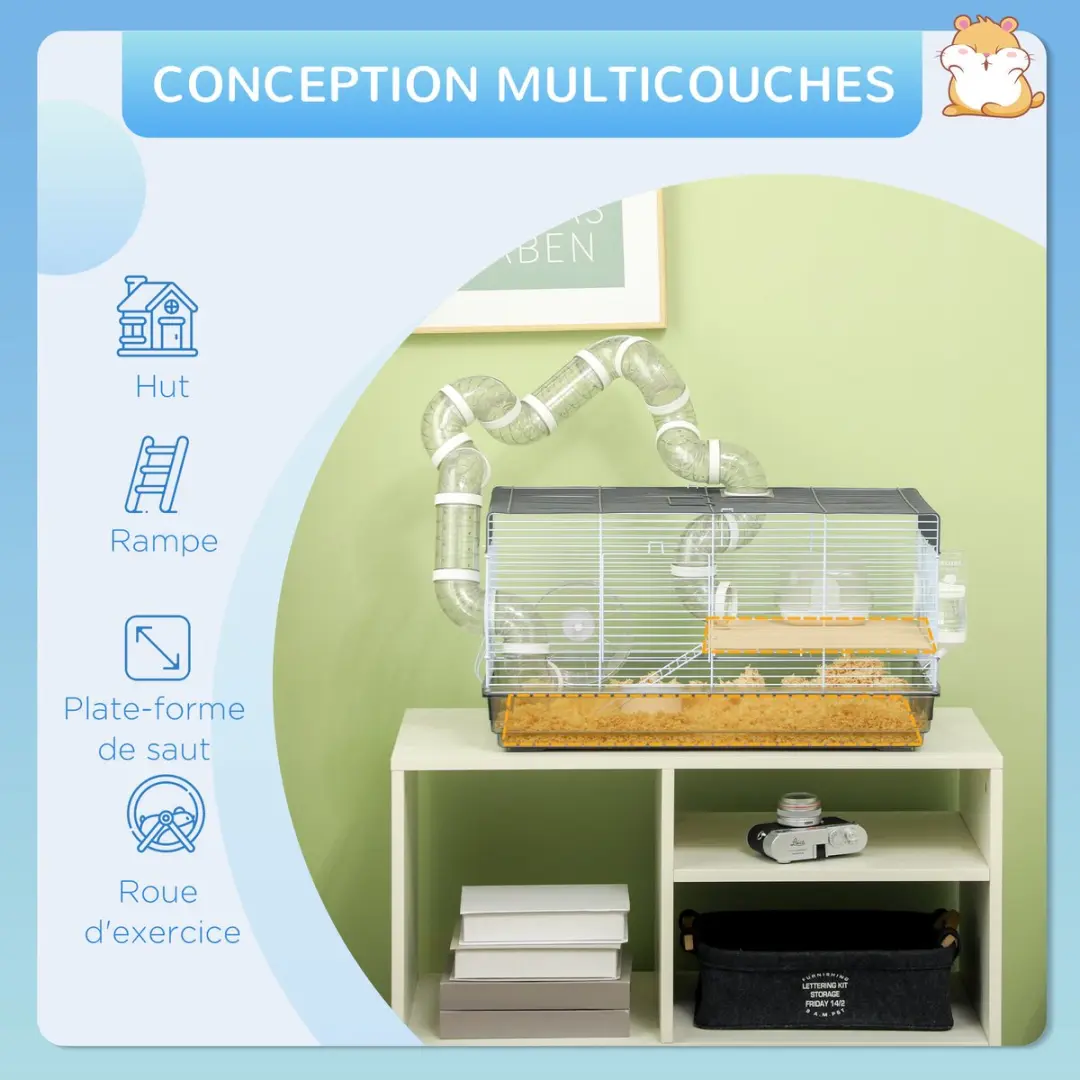 Pawhut Hamsterkooi Staaldraad 58x32x31cm - Grijs
