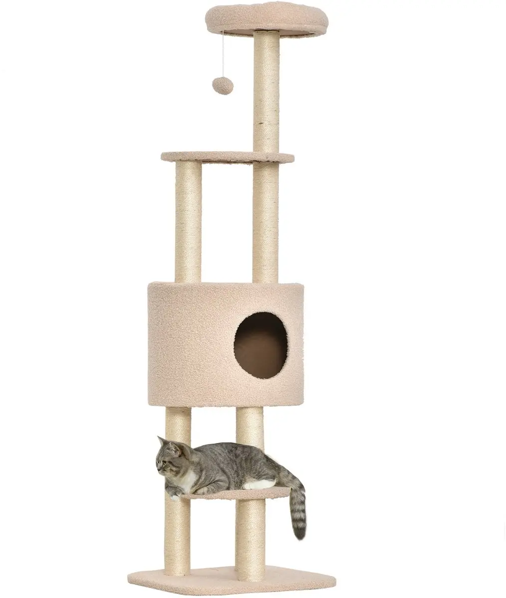Pawhut Kattenkrabpaal Hout 45x40x148cm Beige