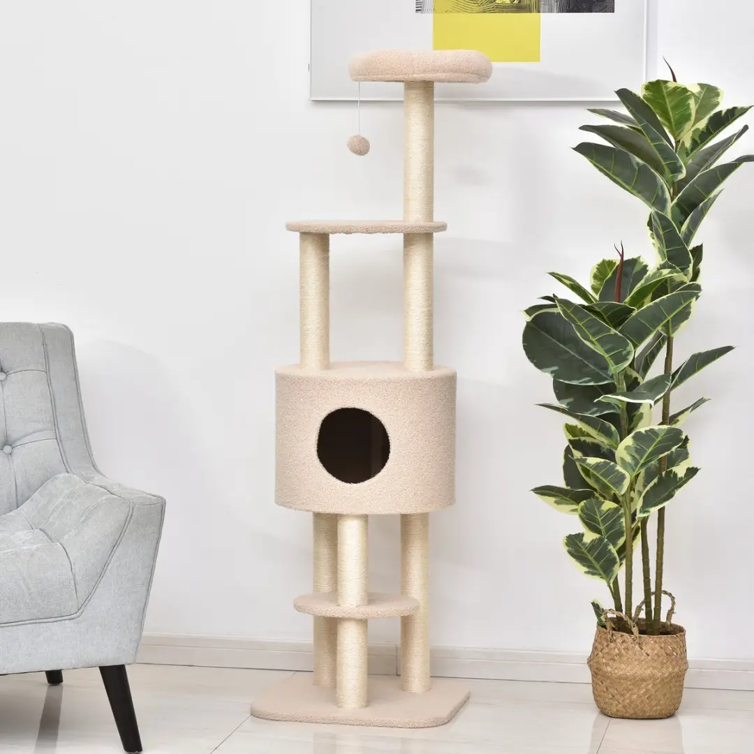 Pawhut Kattenkrabpaal Hout 45x40x148cm Beige
