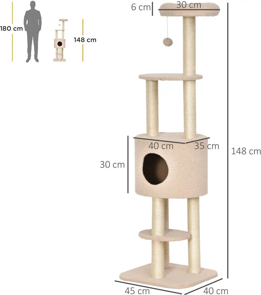Pawhut Kattenkrabpaal Hout 45x40x148cm Beige